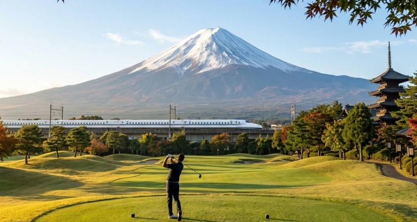 Golfer swinging with Mount Fuji and pagoda backdrop, Japan Golfer swinging with Mount Fuji and pagoda backdrop, Japan