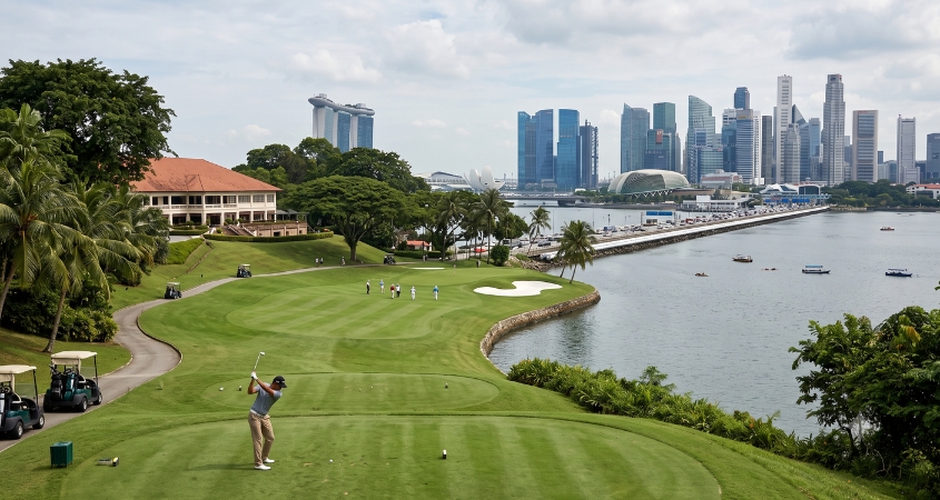 Golf course with Marina Bay skyline view, Singapore Golf course with Marina Bay skyline view, Singapore