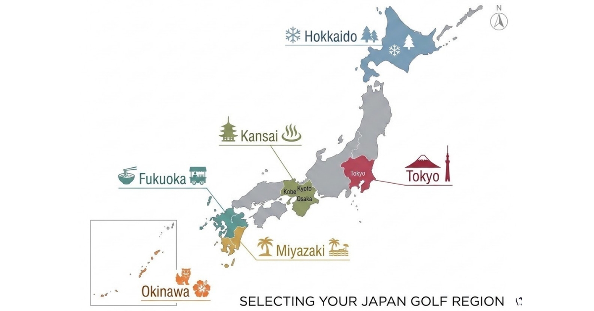 Map of Japan's key golf holiday regions - Tokyo, Kansai, Hokkaido, Fukuoka, Miyazaki and Okinawa