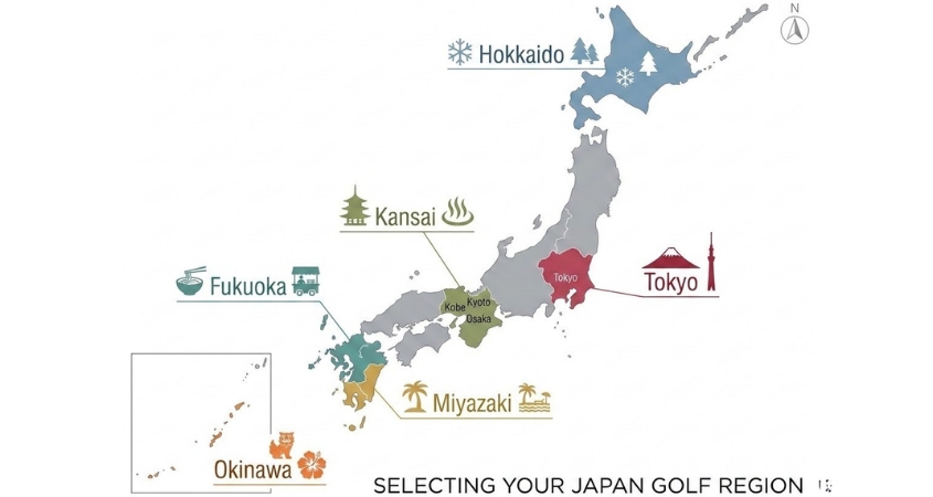 Selecting Your Japan Golf Region Map of Japan's key golf holiday regions - Tokyo, Kansai, Hokkaido, Fukuoka, Miyazaki and Okinawa