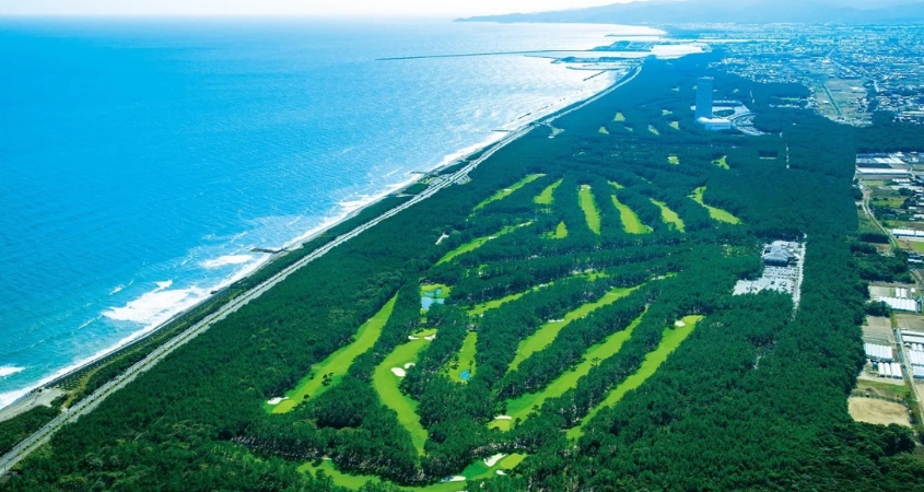 Miyazaki Coastal Golf - Built Around Phoenix Country Club Aerial view of a pine-forest coastal golf course in Miyazaki, Japan