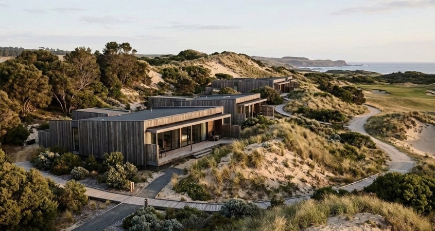 Exterior of a Barnbougle Bunker Villa with the golf course setting