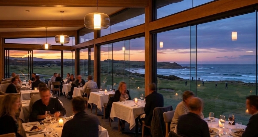 Shared lounge and dining area inside a Barnbougle Bunker Villa