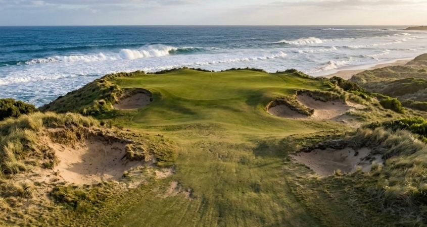 Signature coastal dune hole at Barnbougle Dunes golf course, Tasmania