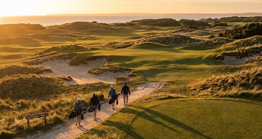 Golfers playing Bougle Run, the short course at Barnbougle, in late afternoon light
