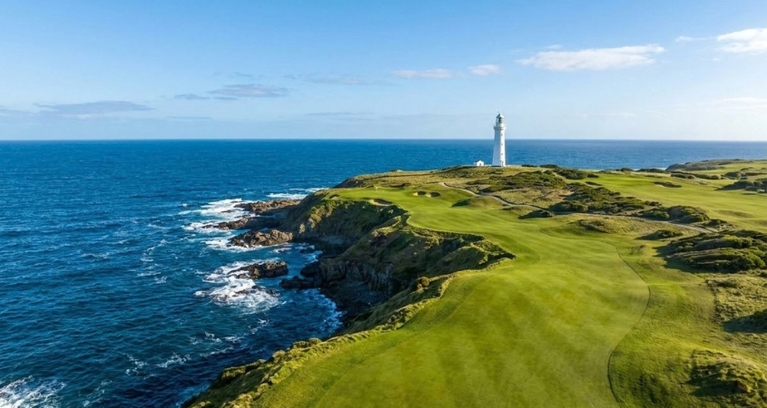 Cape Wickham golf course with the lighthouse and Bass Strait, King Island