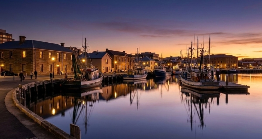 Hobart waterfront at Salamanca in the evening, the starting point of a Tasmania golf trip
