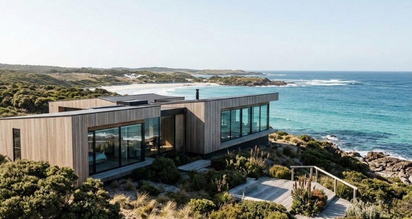 Exterior of King Island Lodge in its coastal setting