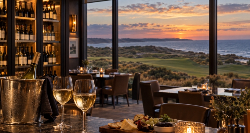 Lost Farm's climate-controlled wine cellar with Tasmanian wine being served