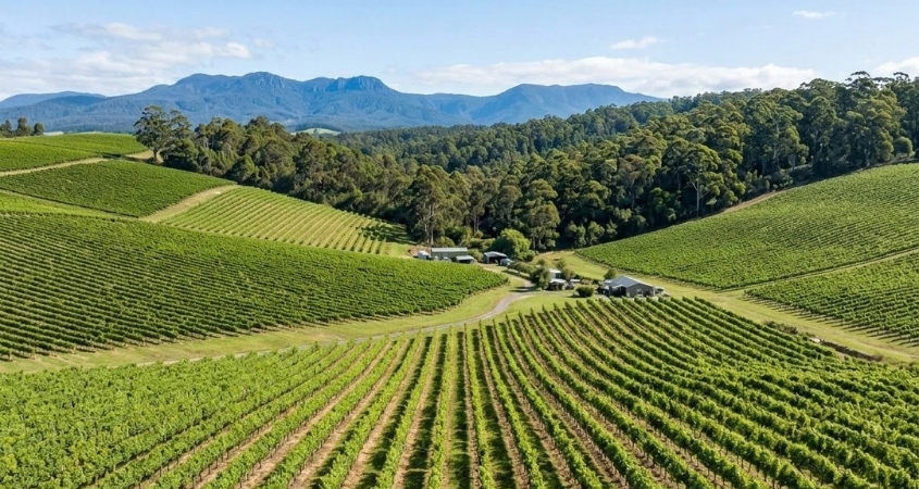 Vineyard landscape in the Pipers River wine region of northeast Tasmania