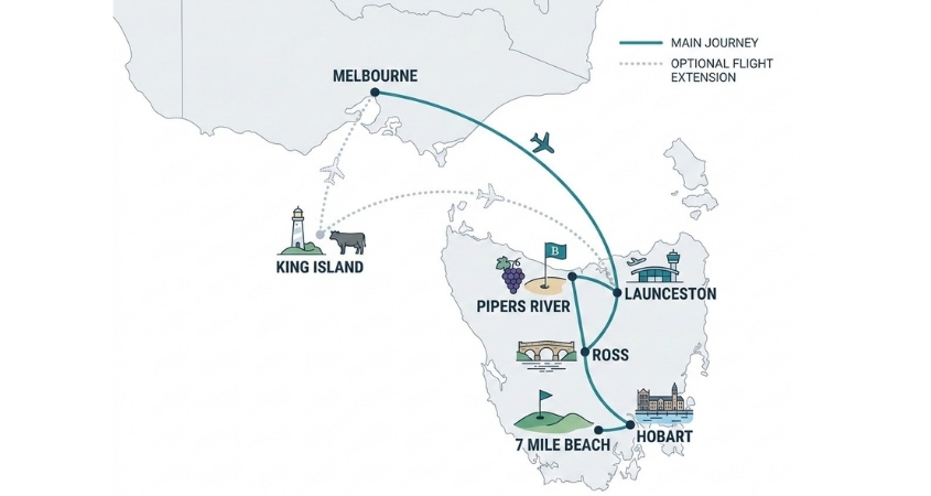 Map of the Tasmania golf trip route from Melbourne to Hobart, Barnbougle and Launceston, with the optional King Island extension