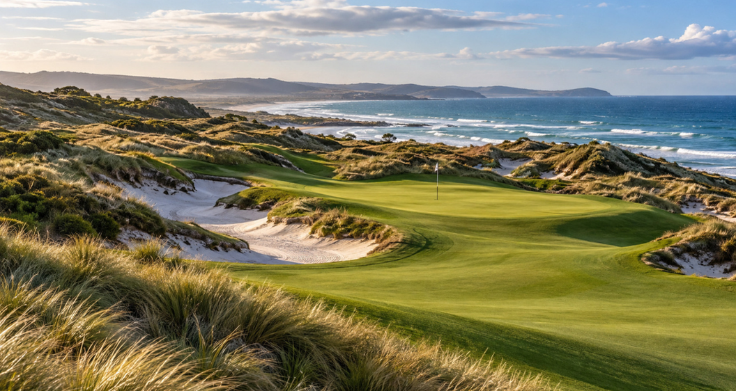 Illustrative links golf course with sculpted dunes, pale sand bunkers and an ocean backdrop for the Barnbougle Dunes section.