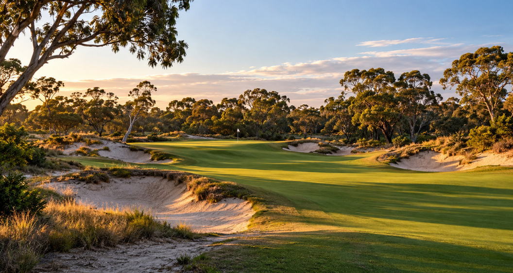 Illustrative Melbourne golf gateway landscape with a green fairway, sculpted sand bunkers and native trees.