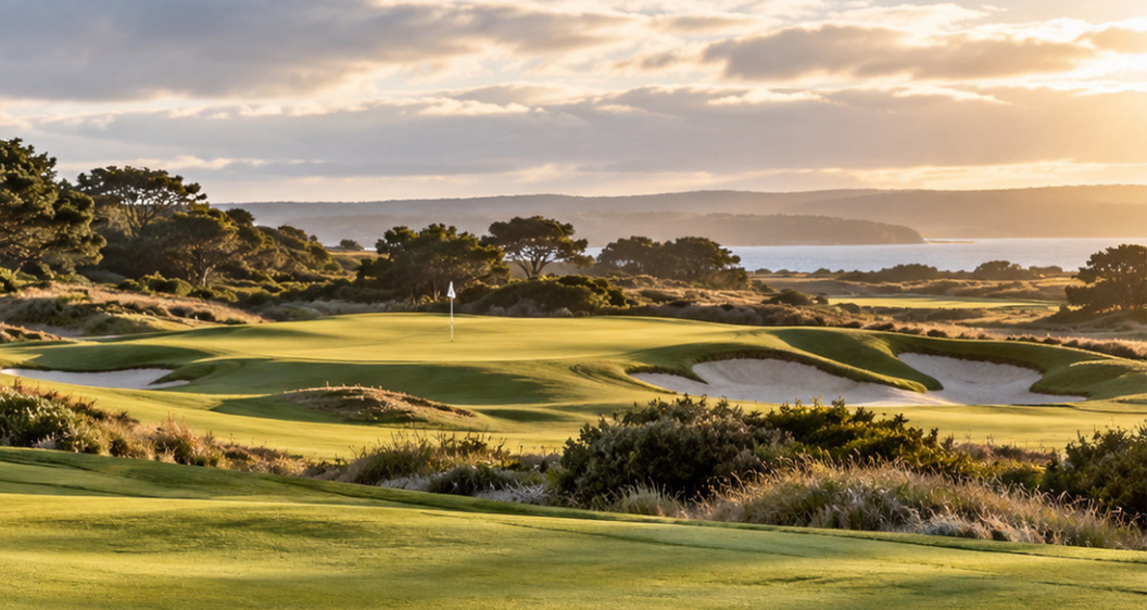 Illustrative golfer walking toward a coastal golf green in soft light, representing shoulder-season golf conditions in Melbourne and Tasmania.