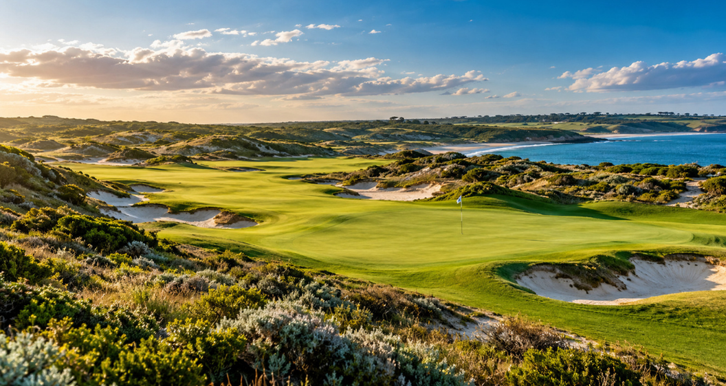 Illustrative Mornington Peninsula golf landscape with coastal dunes, a green fairway and ocean views.