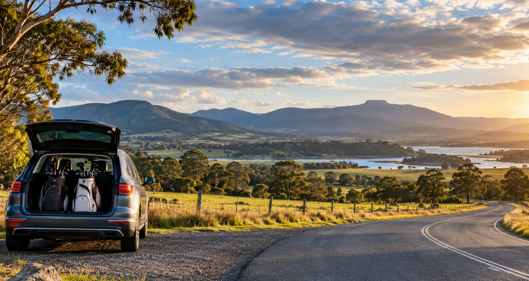 Scenic Tasmanian-style country road through green hills beside water, with golf bags in a vehicle ready for a golf trip.