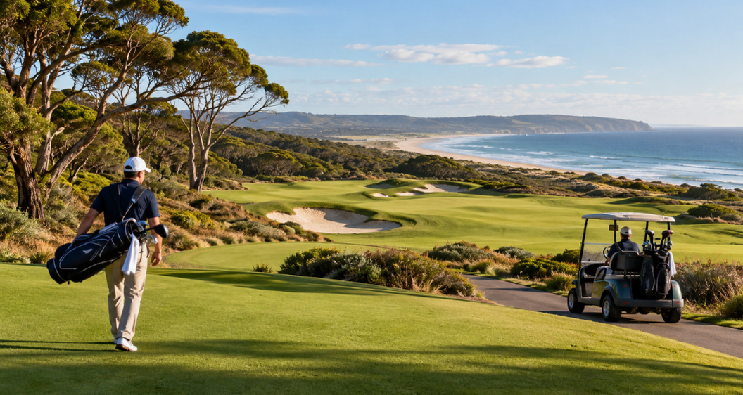 Illustrative coastal golf scene contrasting a golfer walking with a golf bag and another golfer using a motorised golf cart.